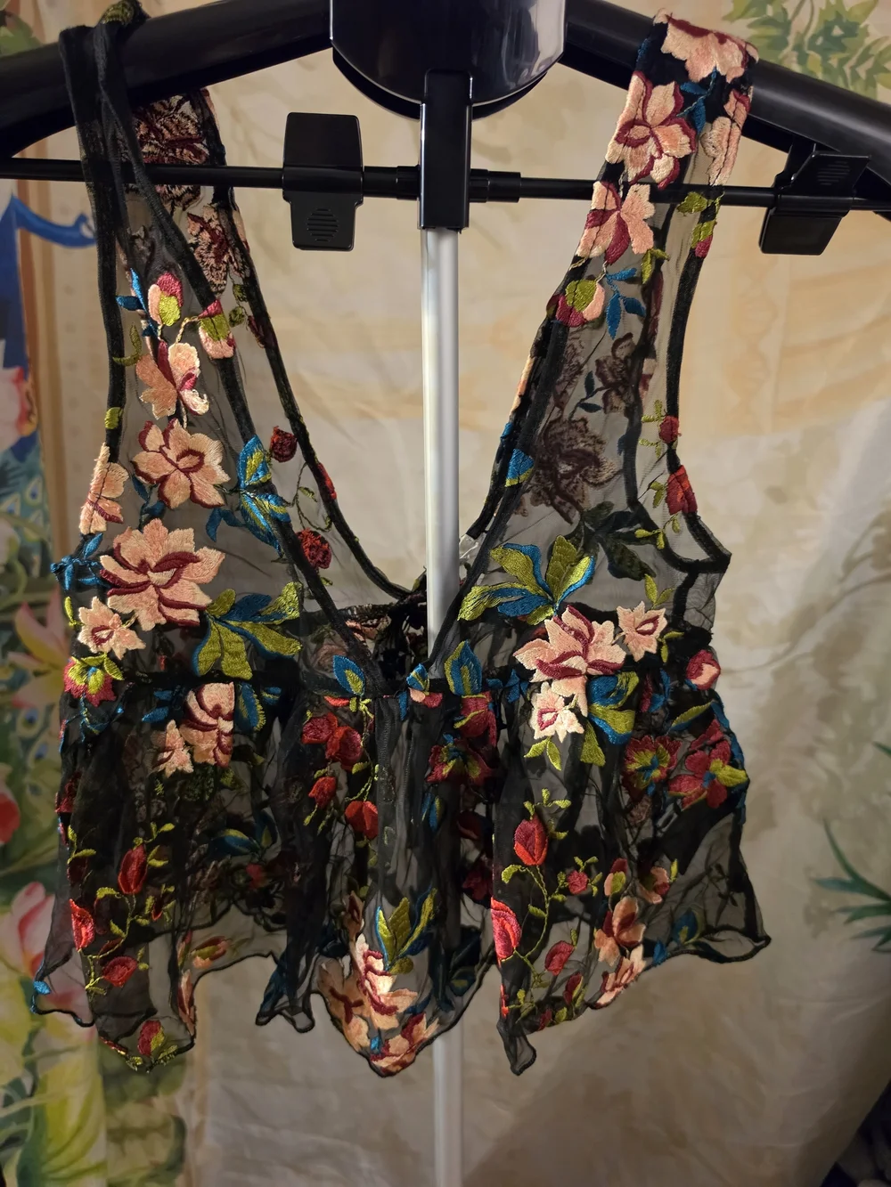 Ecote Black Floral Baby Doll Embroidered Top XS Boho  Layering Piece